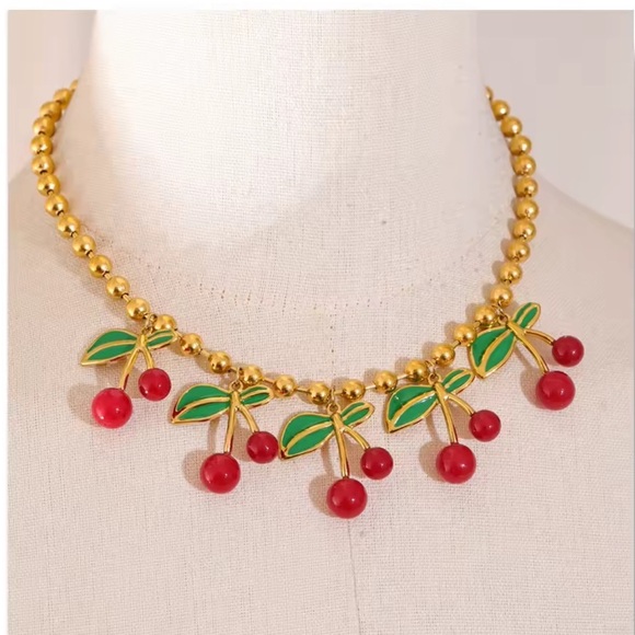Red Cherry 18K Gold Stainless Steel Waterproof Necklace - Picture 4 of 16